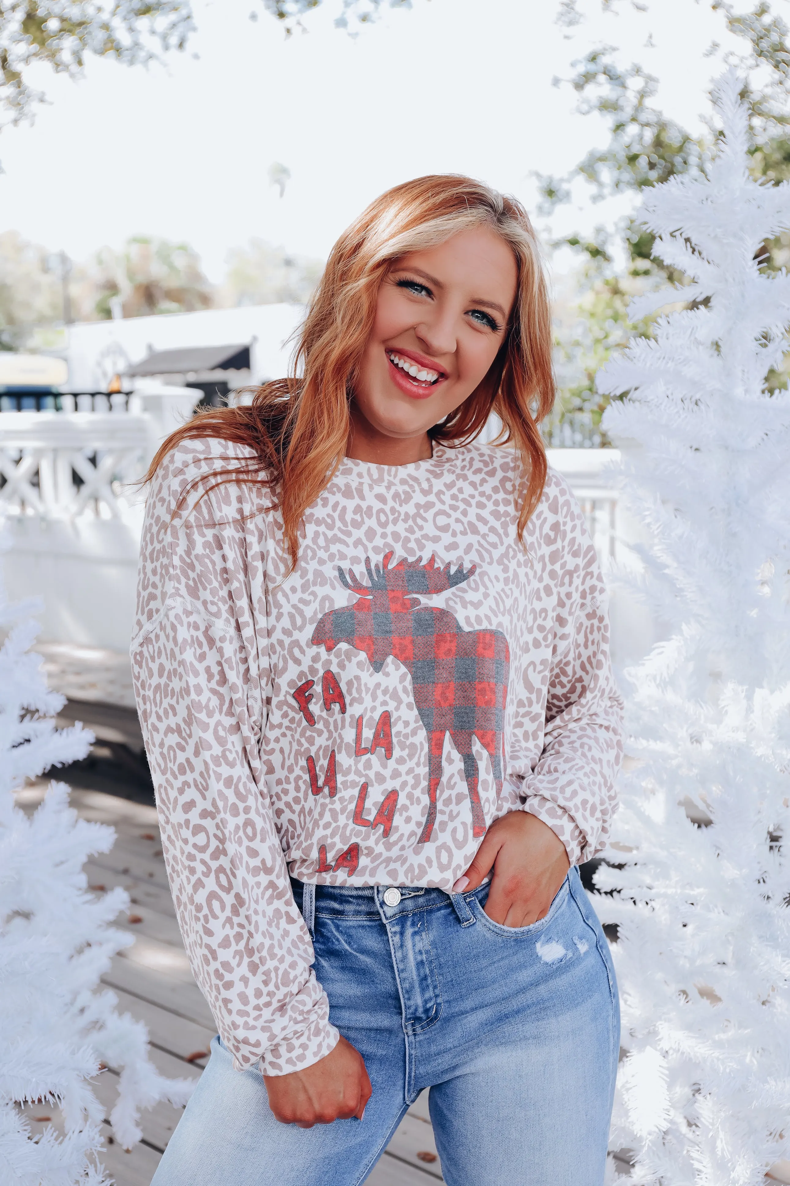 Plaid Moose Leopard Print Long Sleeve Top