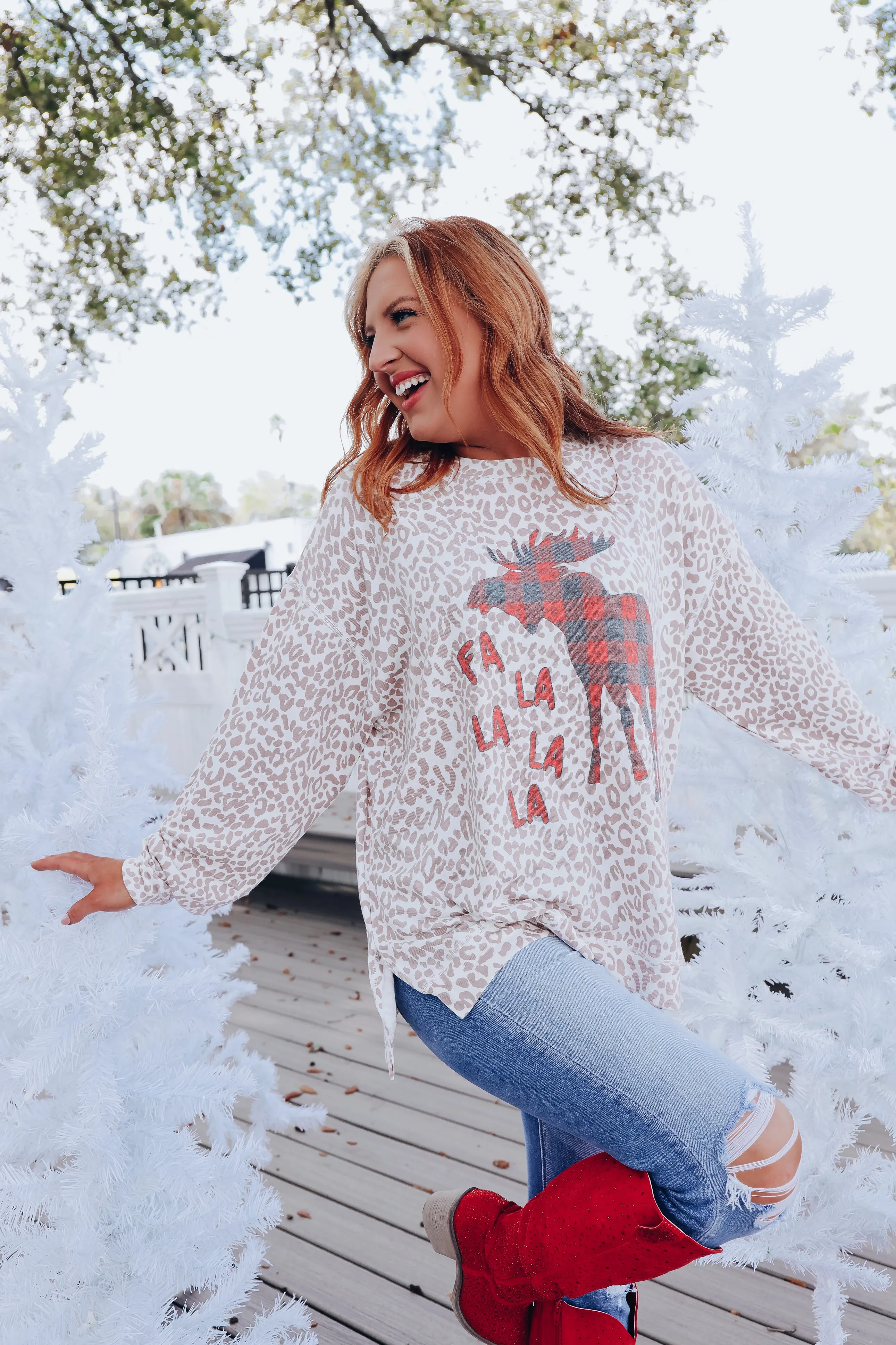 Plaid Moose Leopard Print Long Sleeve Top