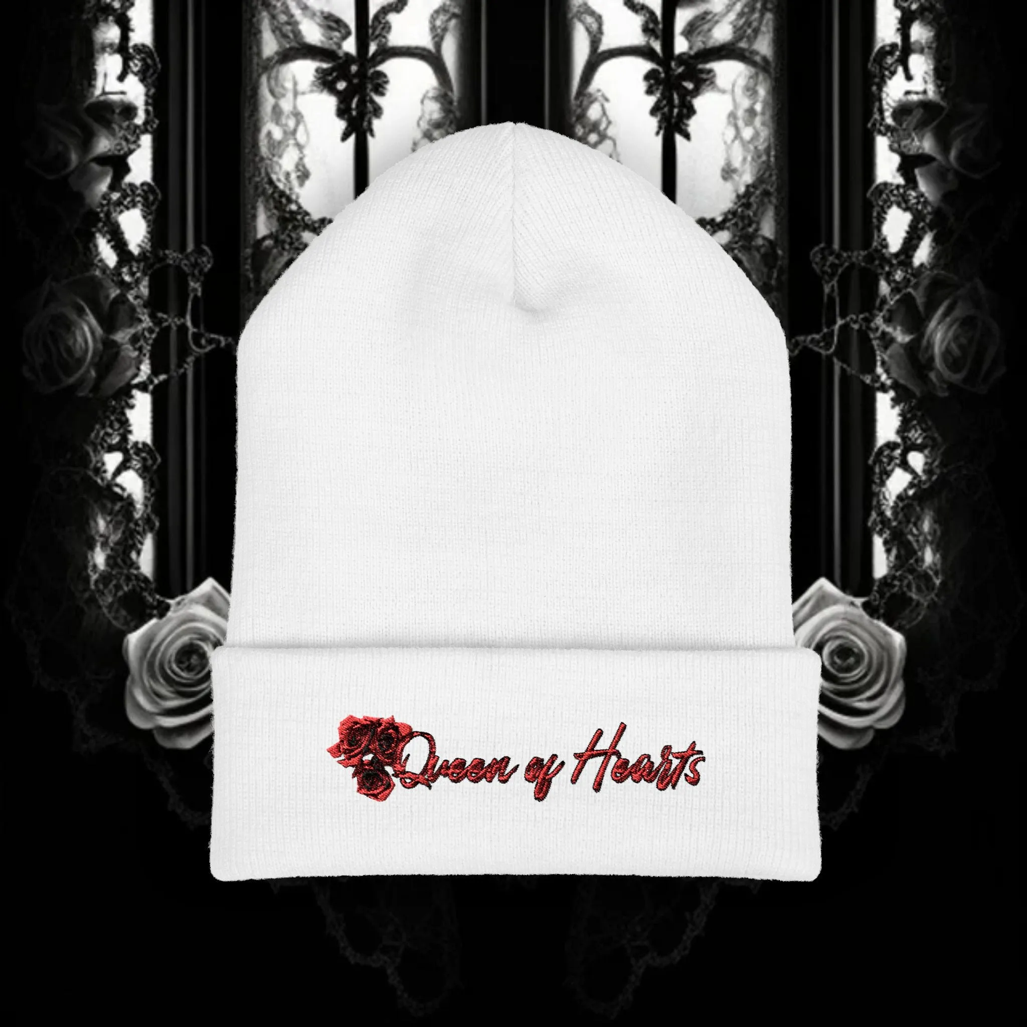 Queen of Hearts Embroidered Classic Cuffed Beanie - Stylish Winter Hat for Fashion Enthusiasts