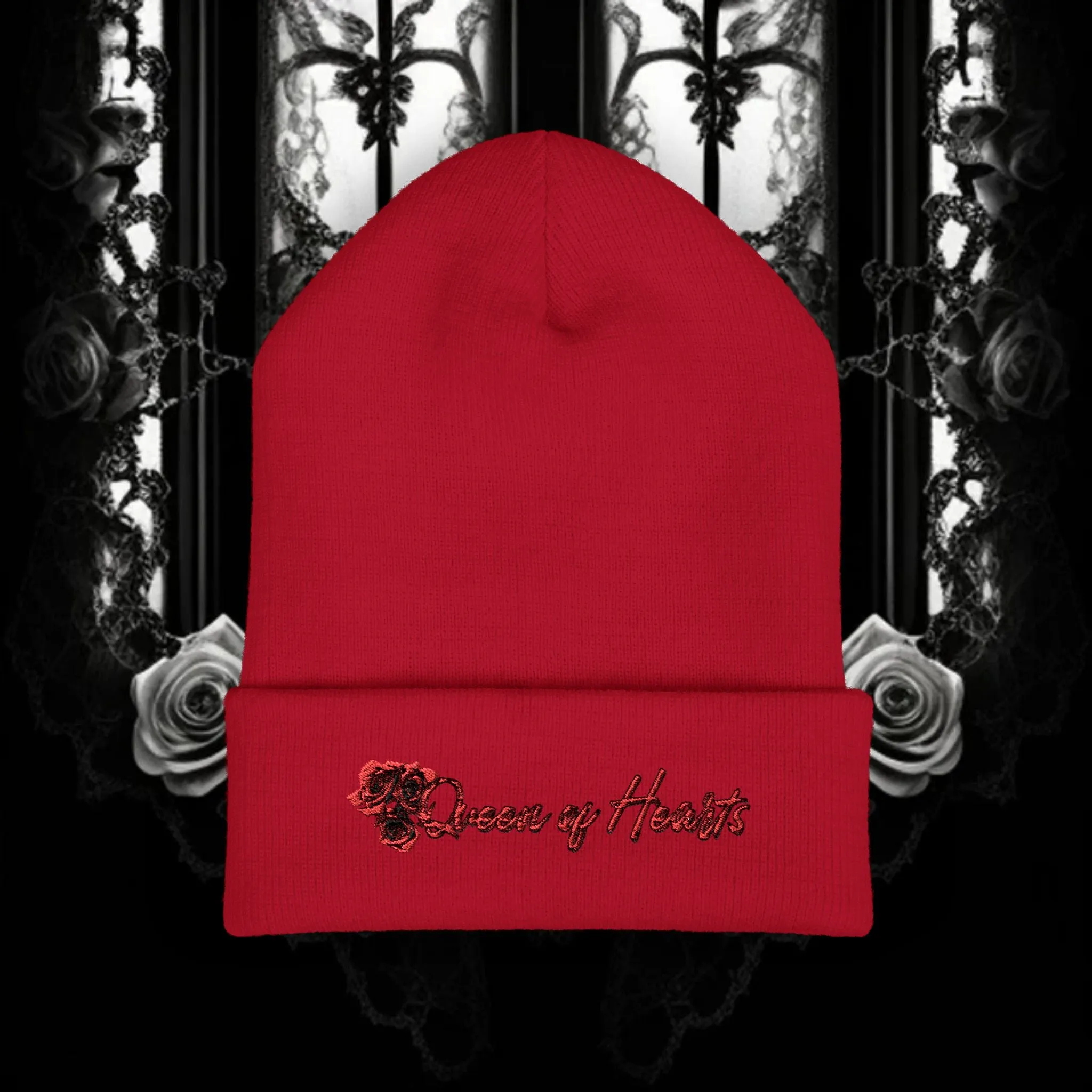 Queen of Hearts Embroidered Classic Cuffed Beanie - Stylish Winter Hat for Fashion Enthusiasts