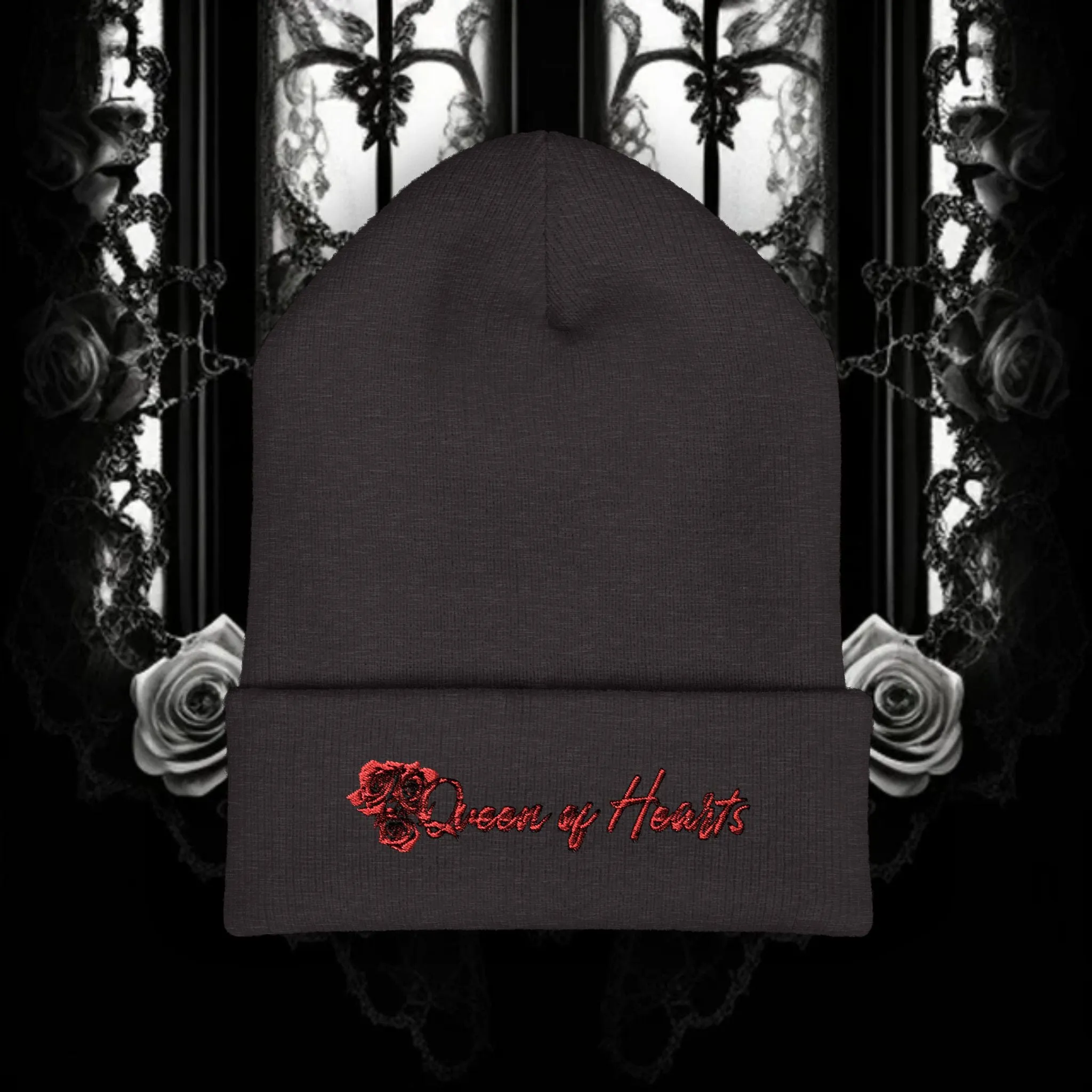 Queen of Hearts Embroidered Classic Cuffed Beanie - Stylish Winter Hat for Fashion Enthusiasts