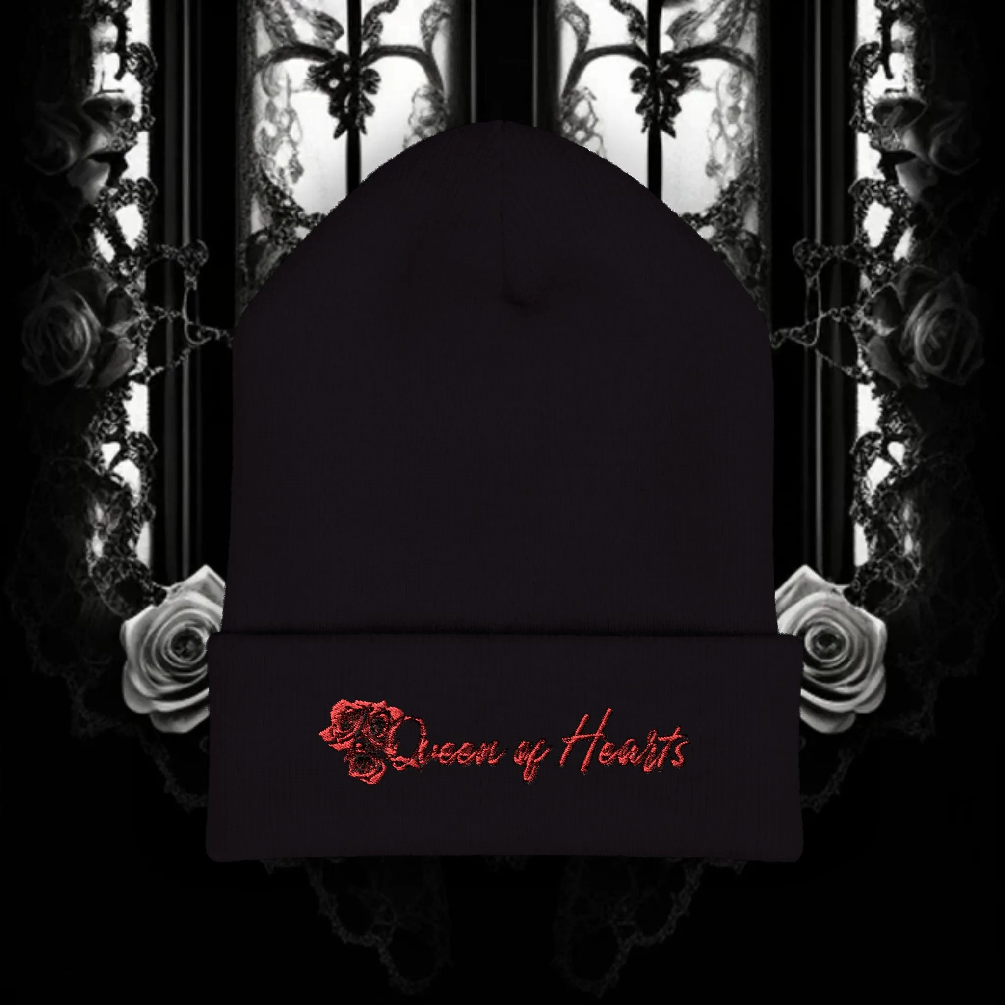 Queen of Hearts Embroidered Classic Cuffed Beanie - Stylish Winter Hat for Fashion Enthusiasts