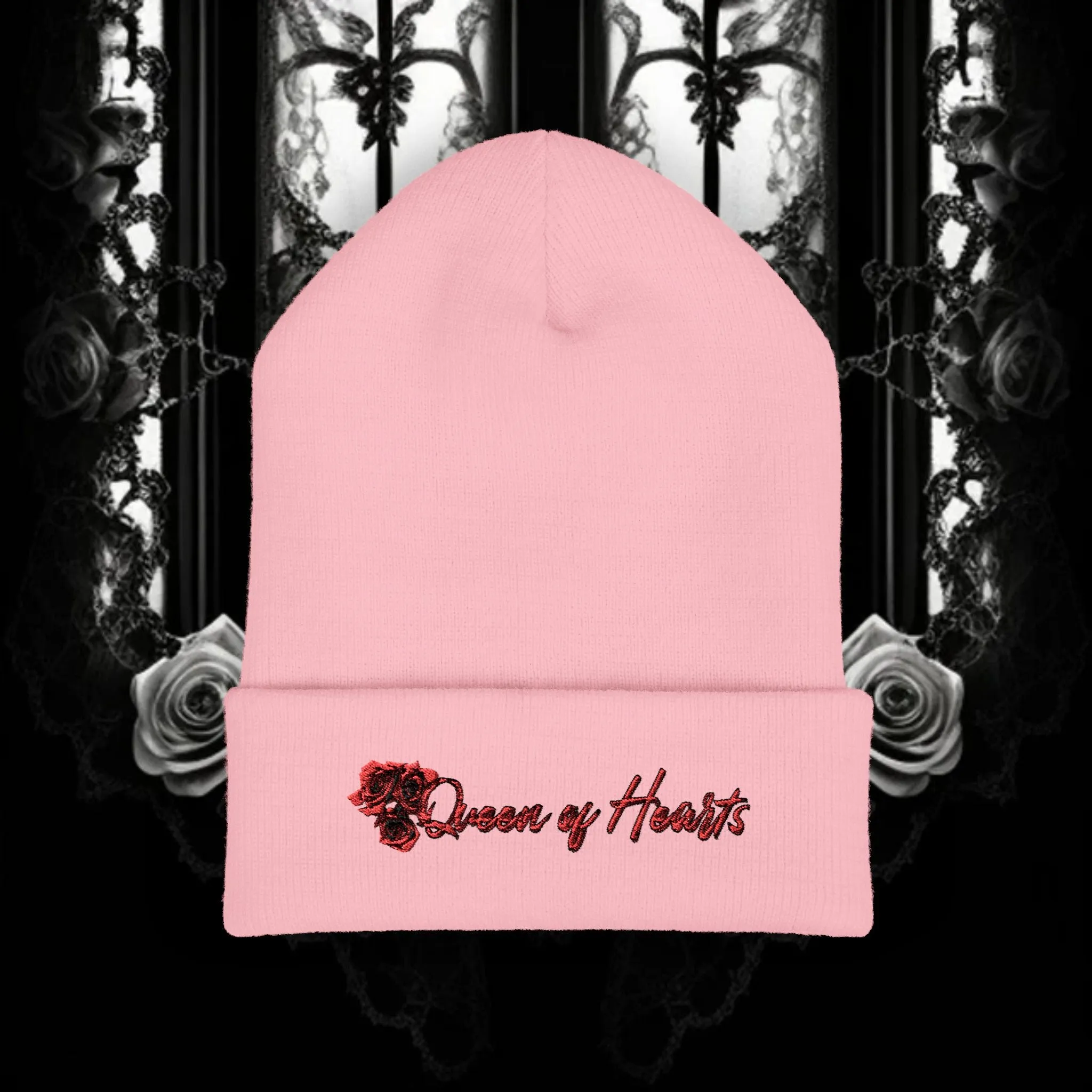 Queen of Hearts Embroidered Classic Cuffed Beanie - Stylish Winter Hat for Fashion Enthusiasts
