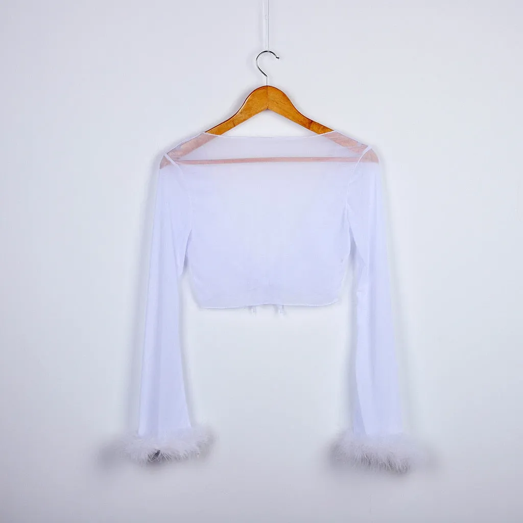 "Sugar Baby" Crop Top and Pant Set Sheer w/ Fluffy Furry Fancy Marabou Feather (3 Colors)