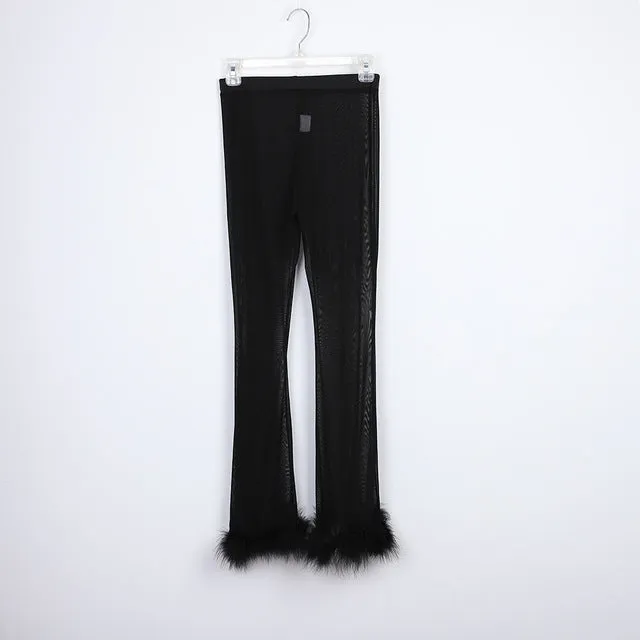 "Sugar Baby" Crop Top and Pant Set Sheer w/ Fluffy Furry Fancy Marabou Feather (3 Colors)