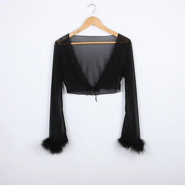 "Sugar Baby" Crop Top and Pant Set Sheer w/ Fluffy Furry Fancy Marabou Feather (3 Colors)