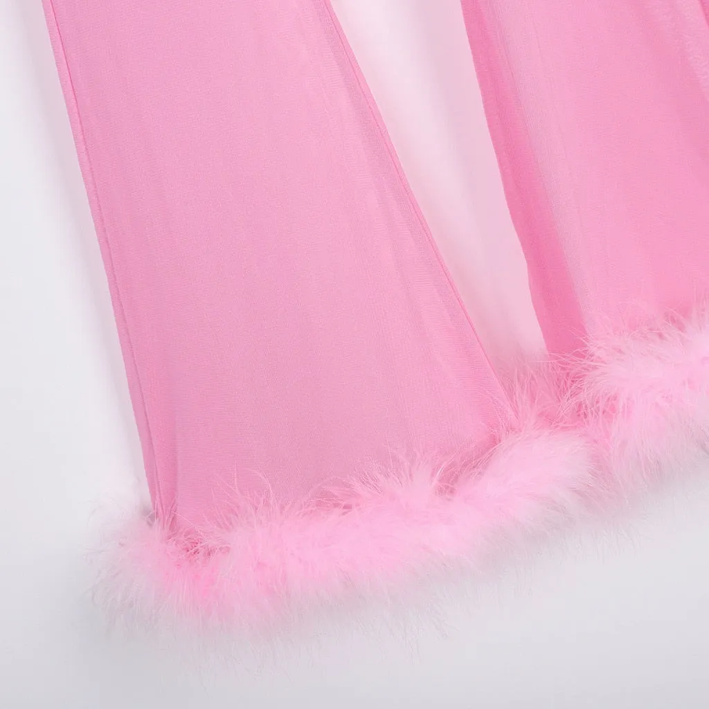 "Sugar Baby" Crop Top and Pant Set Sheer w/ Fluffy Furry Fancy Marabou Feather (3 Colors)