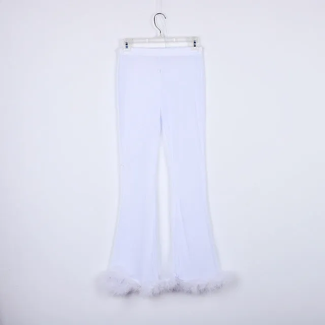 "Sugar Baby" Crop Top and Pant Set Sheer w/ Fluffy Furry Fancy Marabou Feather (3 Colors)