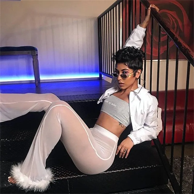 "Sugar Baby" Crop Top and Pant Set Sheer w/ Fluffy Furry Fancy Marabou Feather (3 Colors)