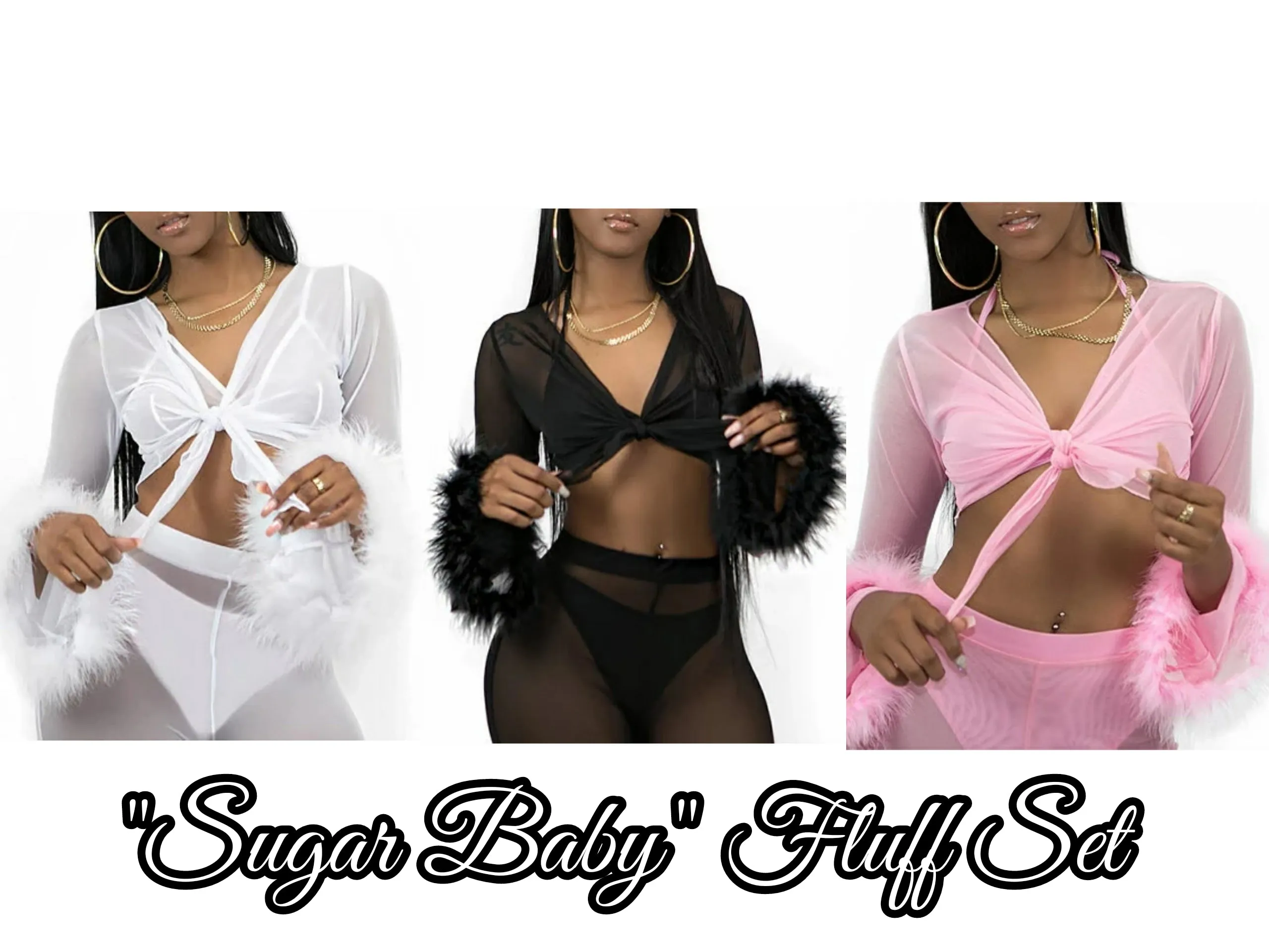 "Sugar Baby" Crop Top and Pant Set Sheer w/ Fluffy Furry Fancy Marabou Feather (3 Colors)