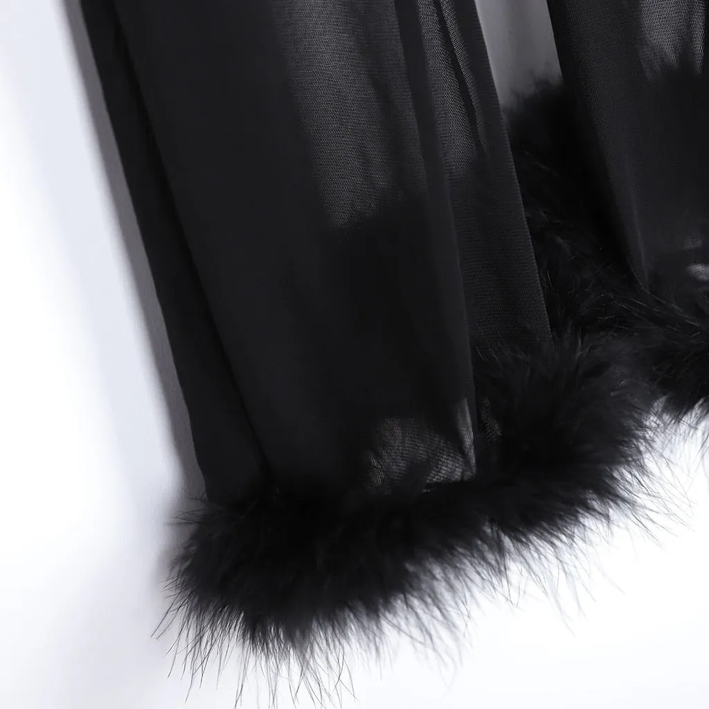 "Sugar Baby" Crop Top and Pant Set Sheer w/ Fluffy Furry Fancy Marabou Feather (3 Colors)