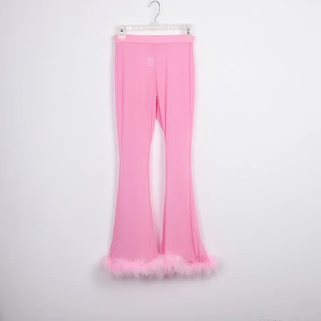 "Sugar Baby" Crop Top and Pant Set Sheer w/ Fluffy Furry Fancy Marabou Feather (3 Colors)