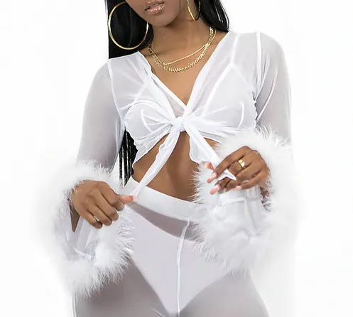"Sugar Baby" Crop Top and Pant Set Sheer w/ Fluffy Furry Fancy Marabou Feather (3 Colors)