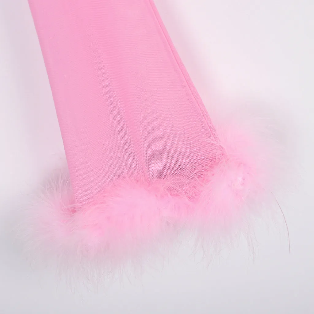 "Sugar Baby" Crop Top and Pant Set Sheer w/ Fluffy Furry Fancy Marabou Feather (3 Colors)