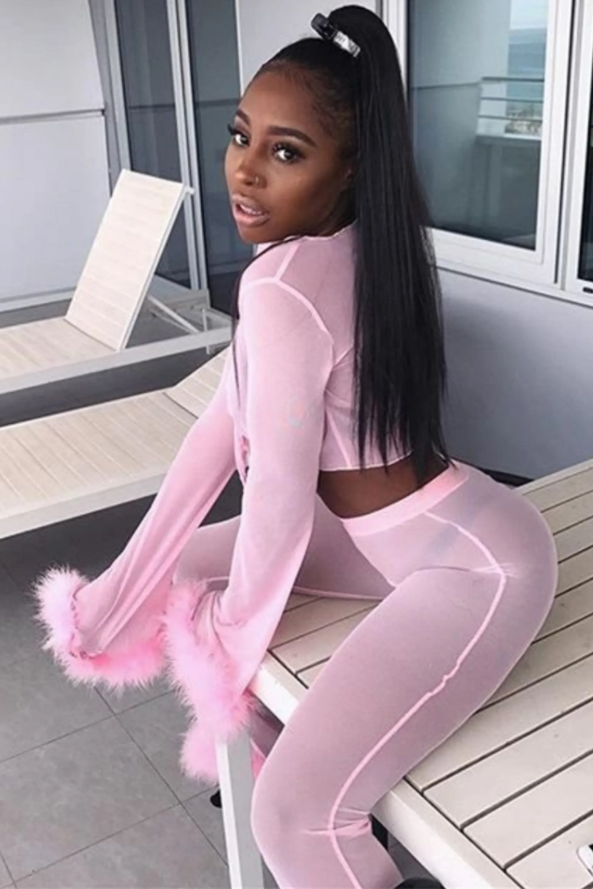 "Sugar Baby" Crop Top and Pant Set Sheer w/ Fluffy Furry Fancy Marabou Feather (3 Colors)