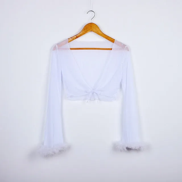 "Sugar Baby" Crop Top and Pant Set Sheer w/ Fluffy Furry Fancy Marabou Feather (3 Colors)