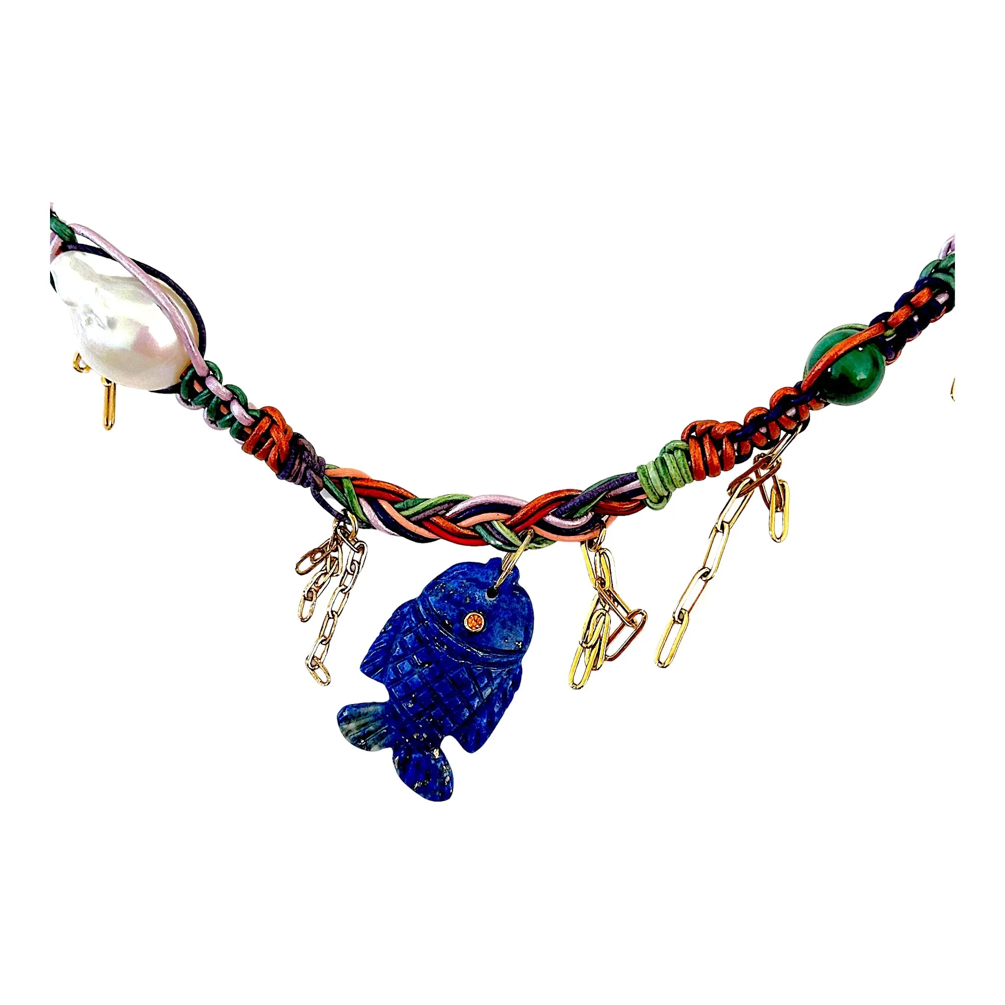 Rainbow Lapis Fish Rockstar Leather Necklace