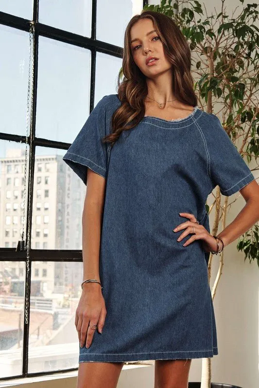 Raw Hem Mini Denim Dress with Pockets
