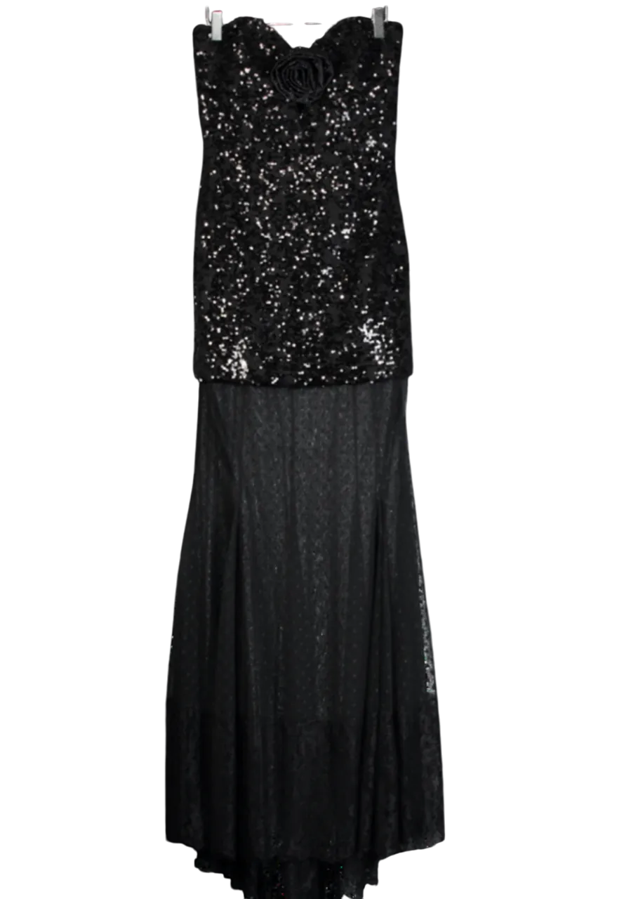 Rebecca Vallance Black Diana Sequin Mesh Trimmed Gown UK 8