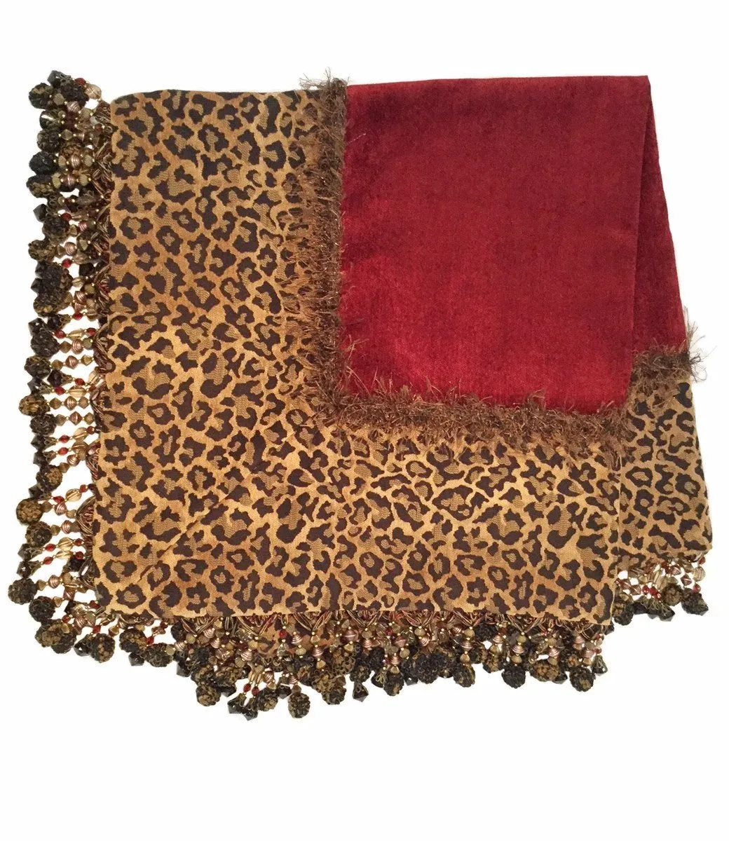 Red Chenille and Leopard Print Table Square with Beads
