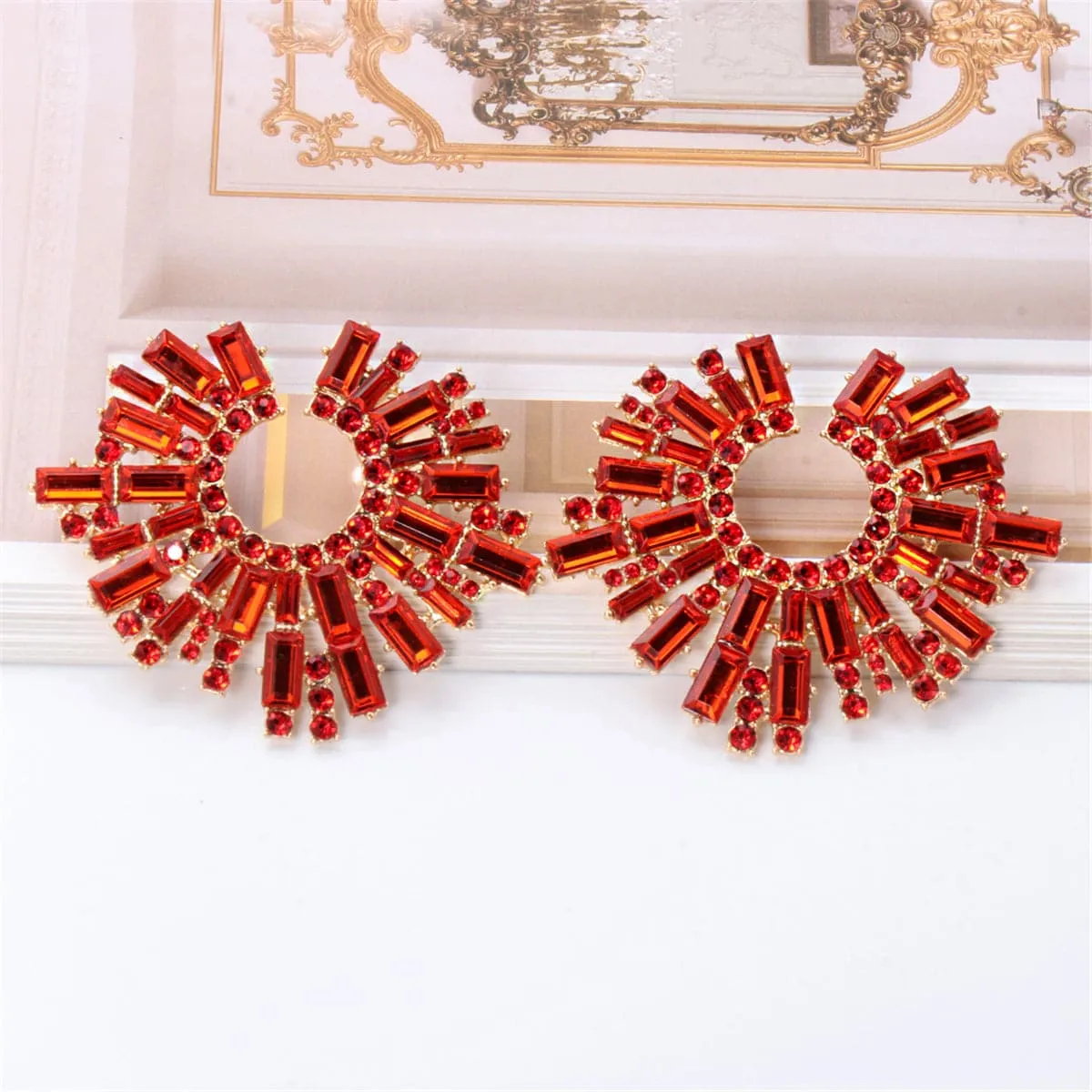 Red Cubic Zirconia & 18K Gold-Plated Abstract Stud Earrings