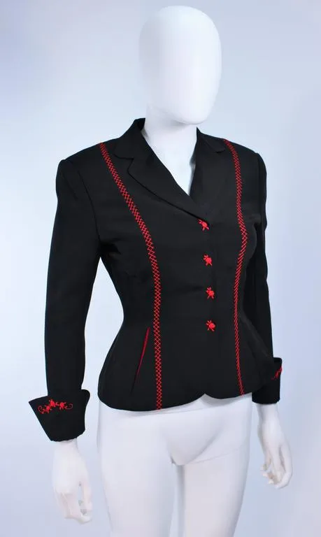 RICHARD TYLER Black and Red Fitted Jacket with Floral Pattern Size 2-4