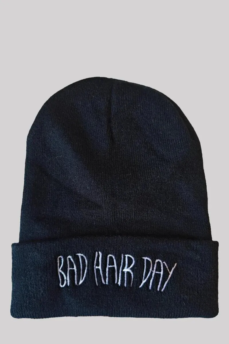 Ro Rox Beanie Hat, Black Bad Hair Day Embroidered Knit Cap