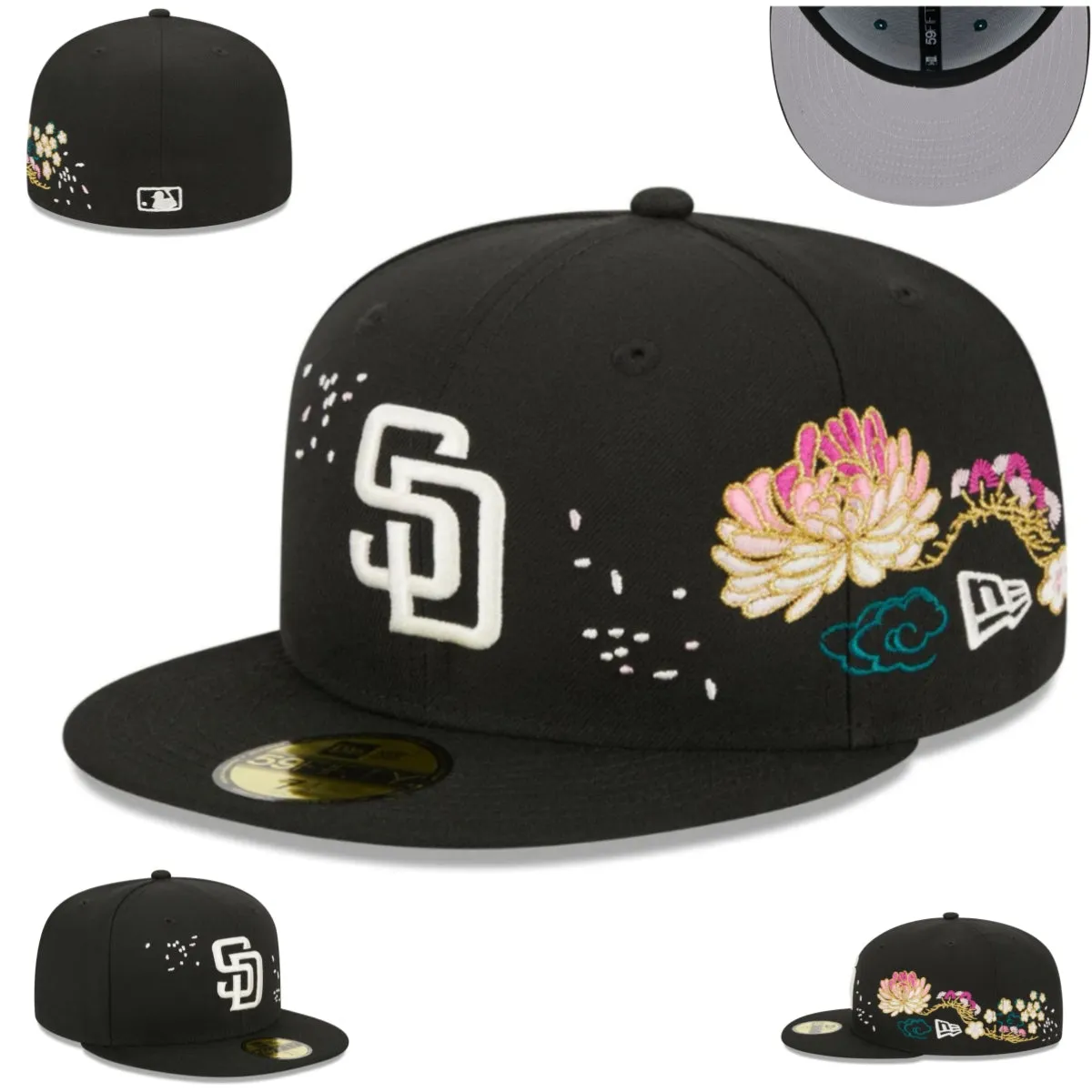 San Diego Padres Floral Embroidered Black Fitted Cap