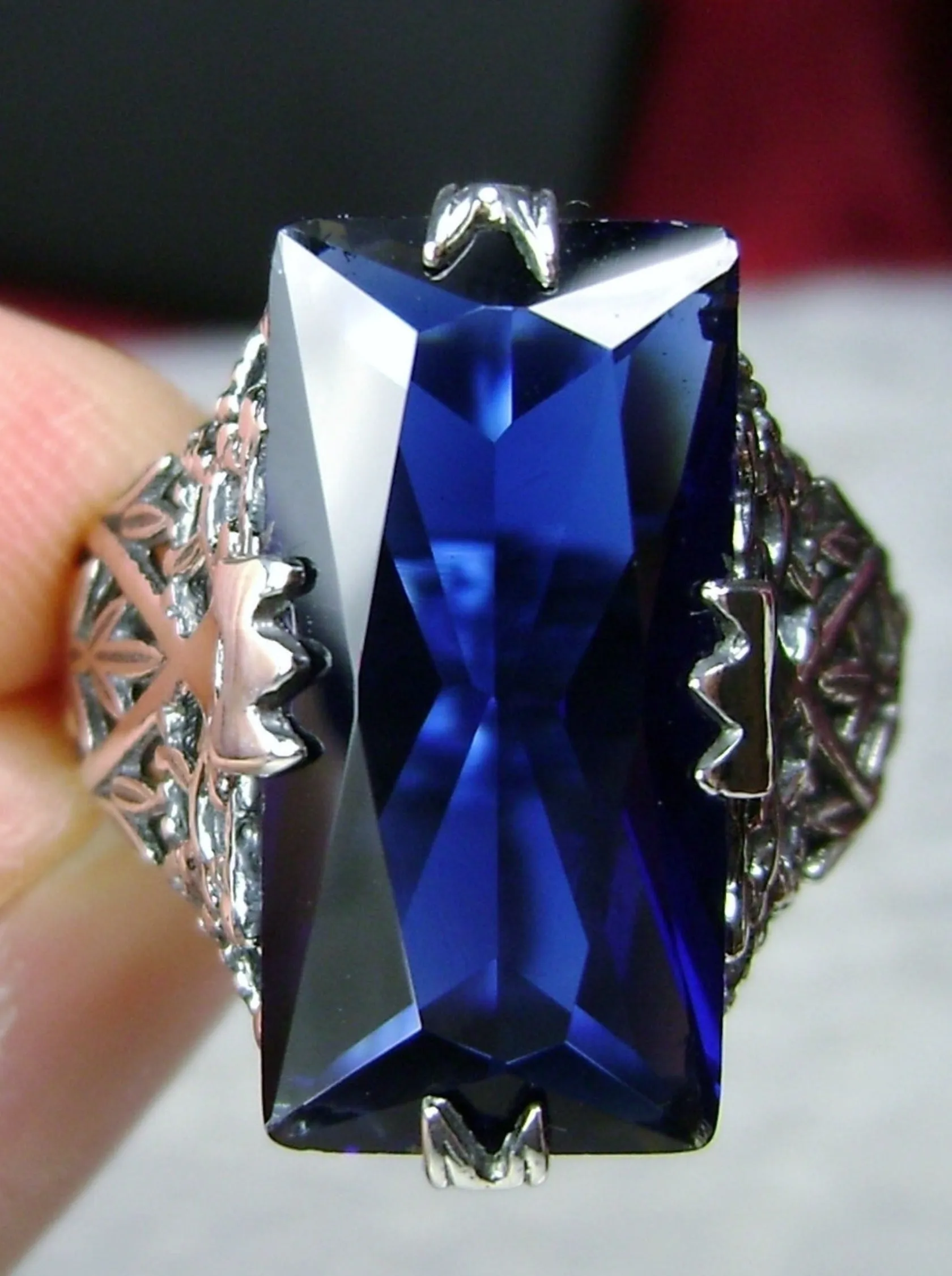 Sapphire Ring Baguette Intaglio Victorian Jewelry  #D31