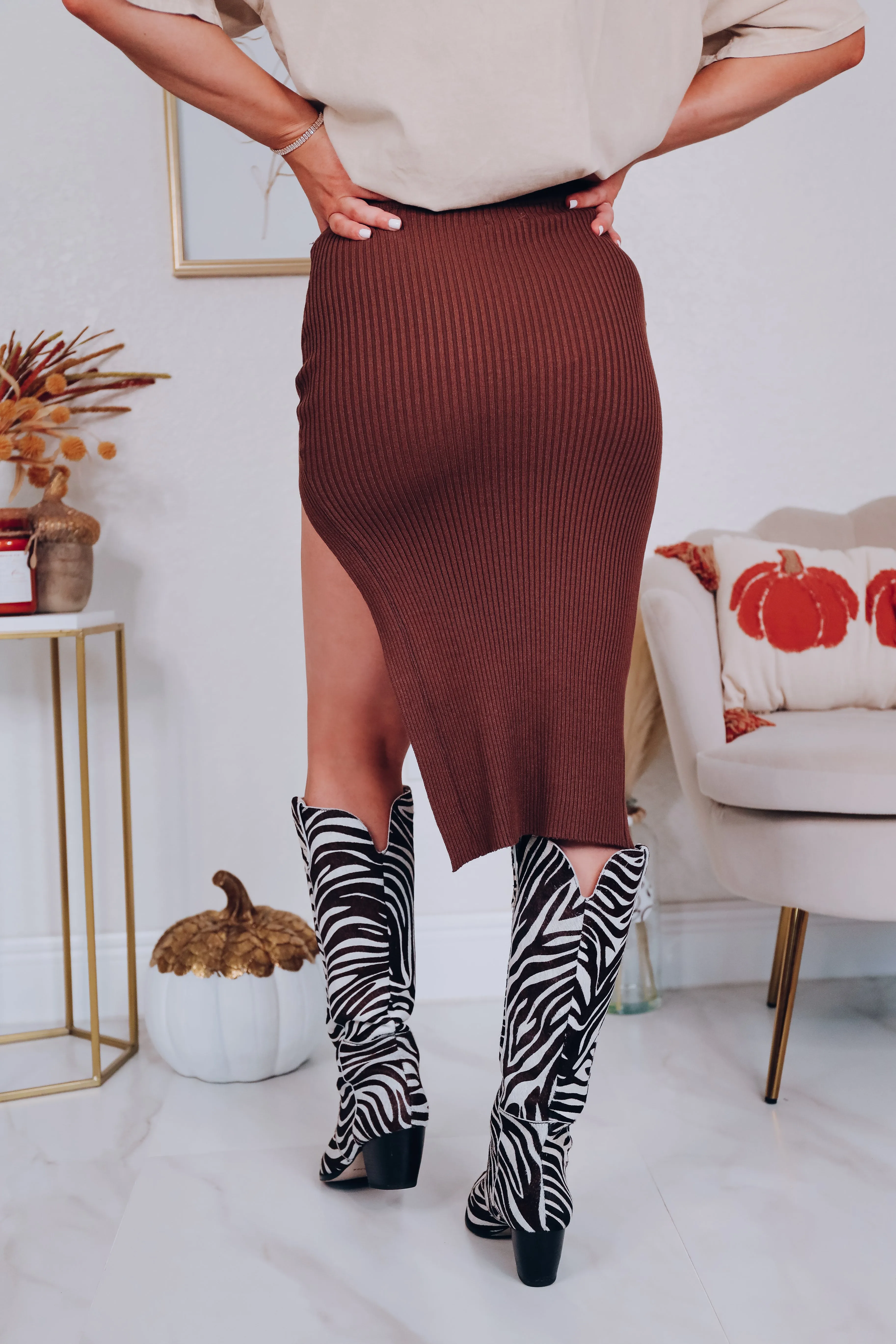 Selah Side Slit Midi Skirt - Brown