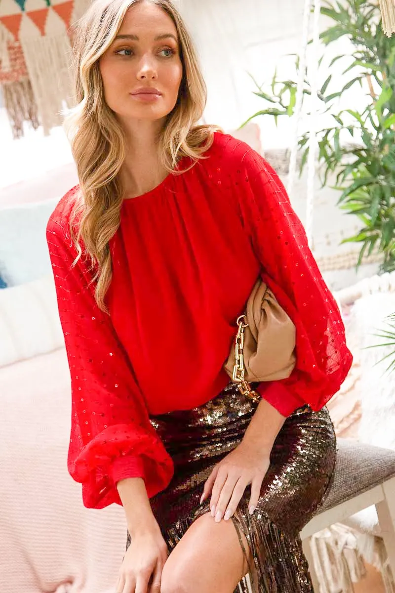 Sequin Balloon Sleeve Blouse