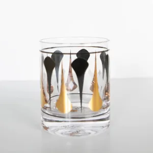 Set of 2 Black and Gold Mid Century Mod Whiskey Rocks Cocktail Glass