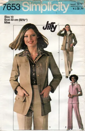 Simplicity 7653 Womens JIFFY Safari Style Top & Pants 1970s Vintage Sewing Pattern Size 10 UNCUT Factory Folded