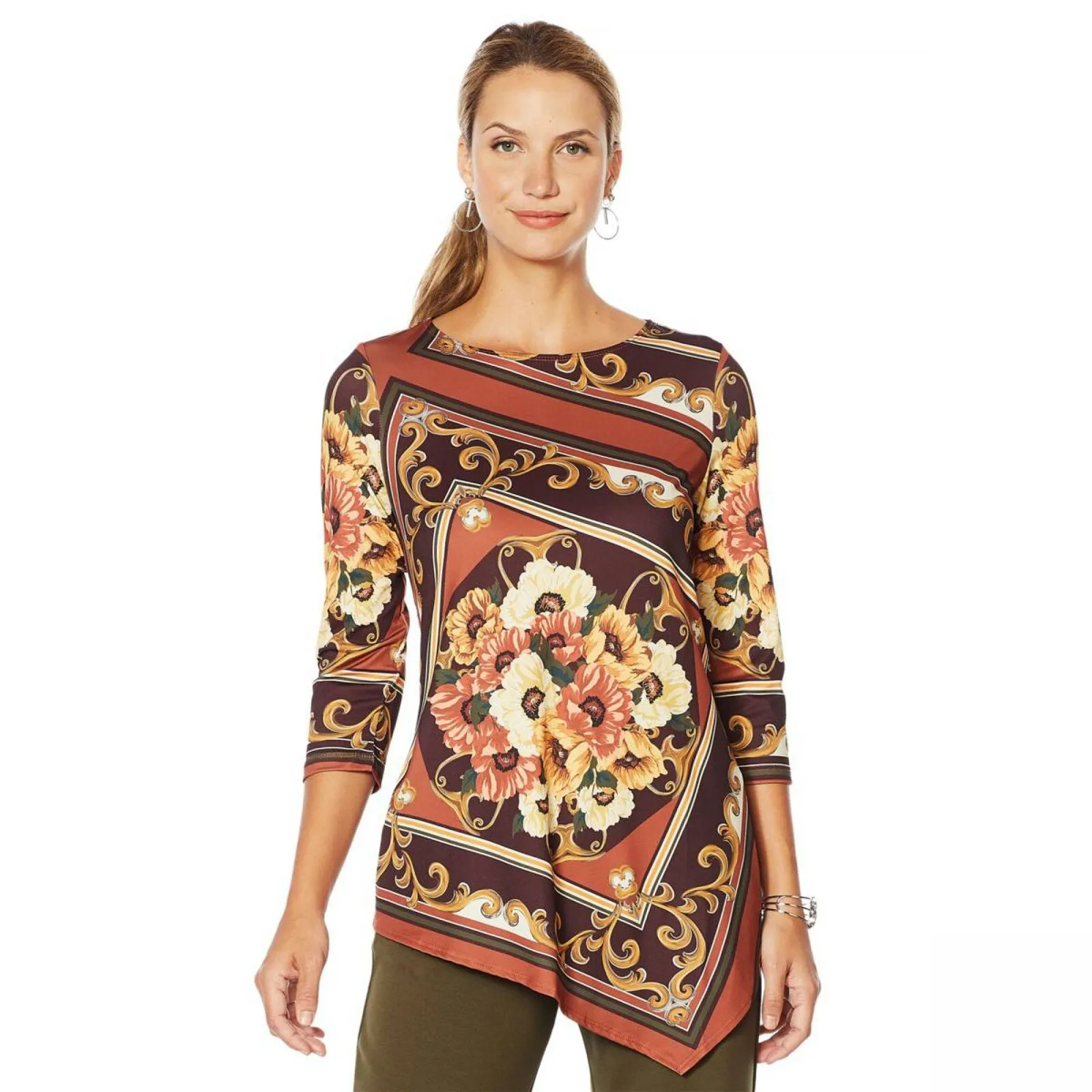 Slinky Brand Women's Knit 3/4 Sleeve Asymmetric Hem Blouse Spice Small