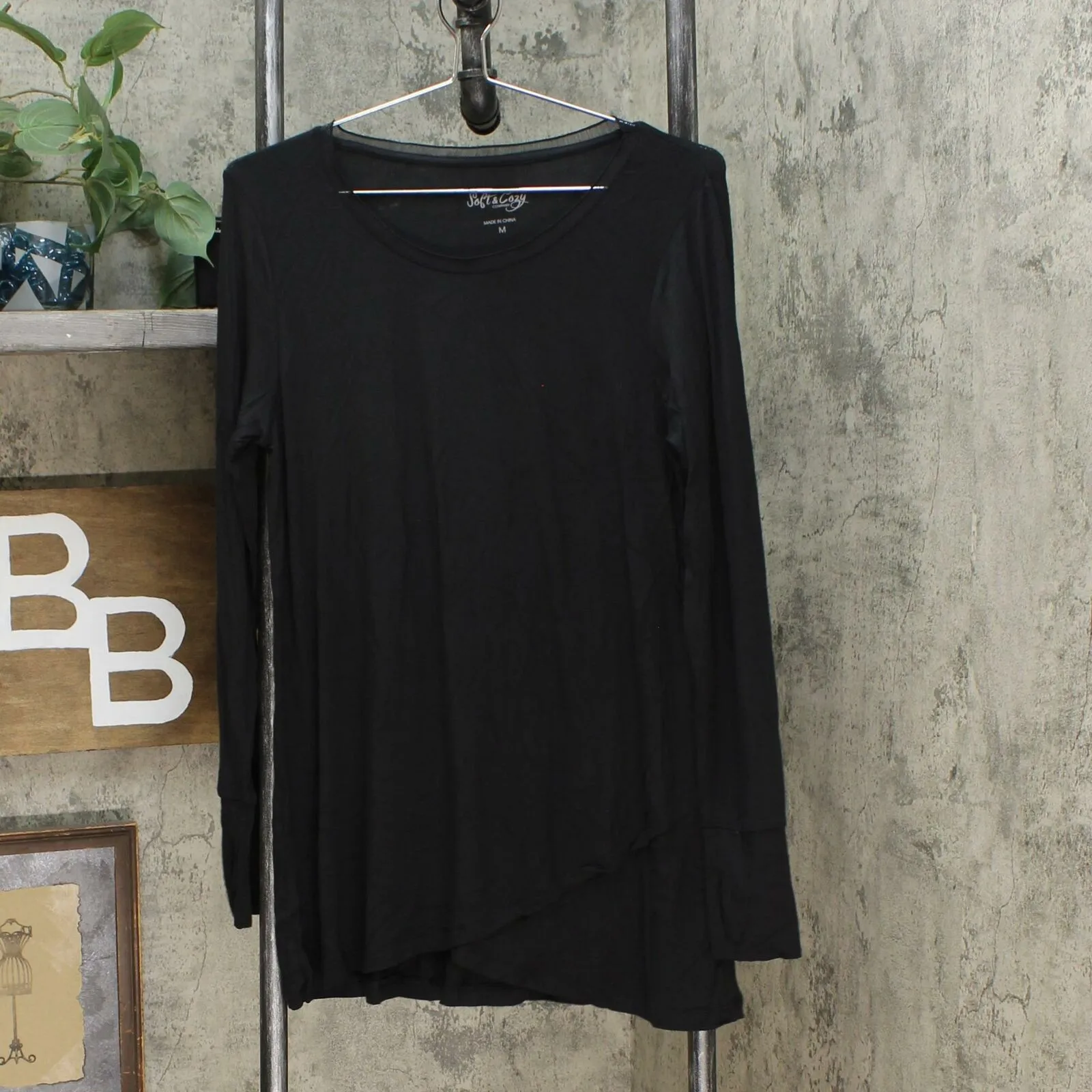 Soft & Cozy Women's Crossover Hem Tunic With Chiffon Detail Black Medium