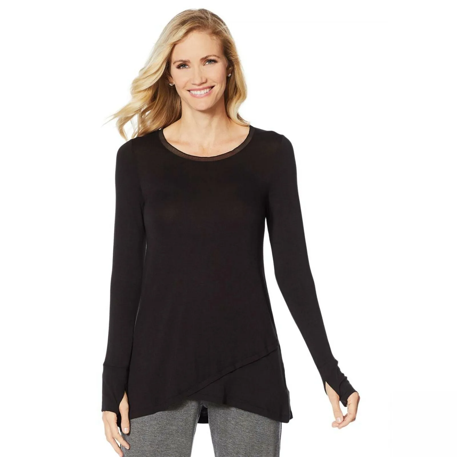 Soft & Cozy Women's Crossover Hem Tunic With Chiffon Detail Black Medium