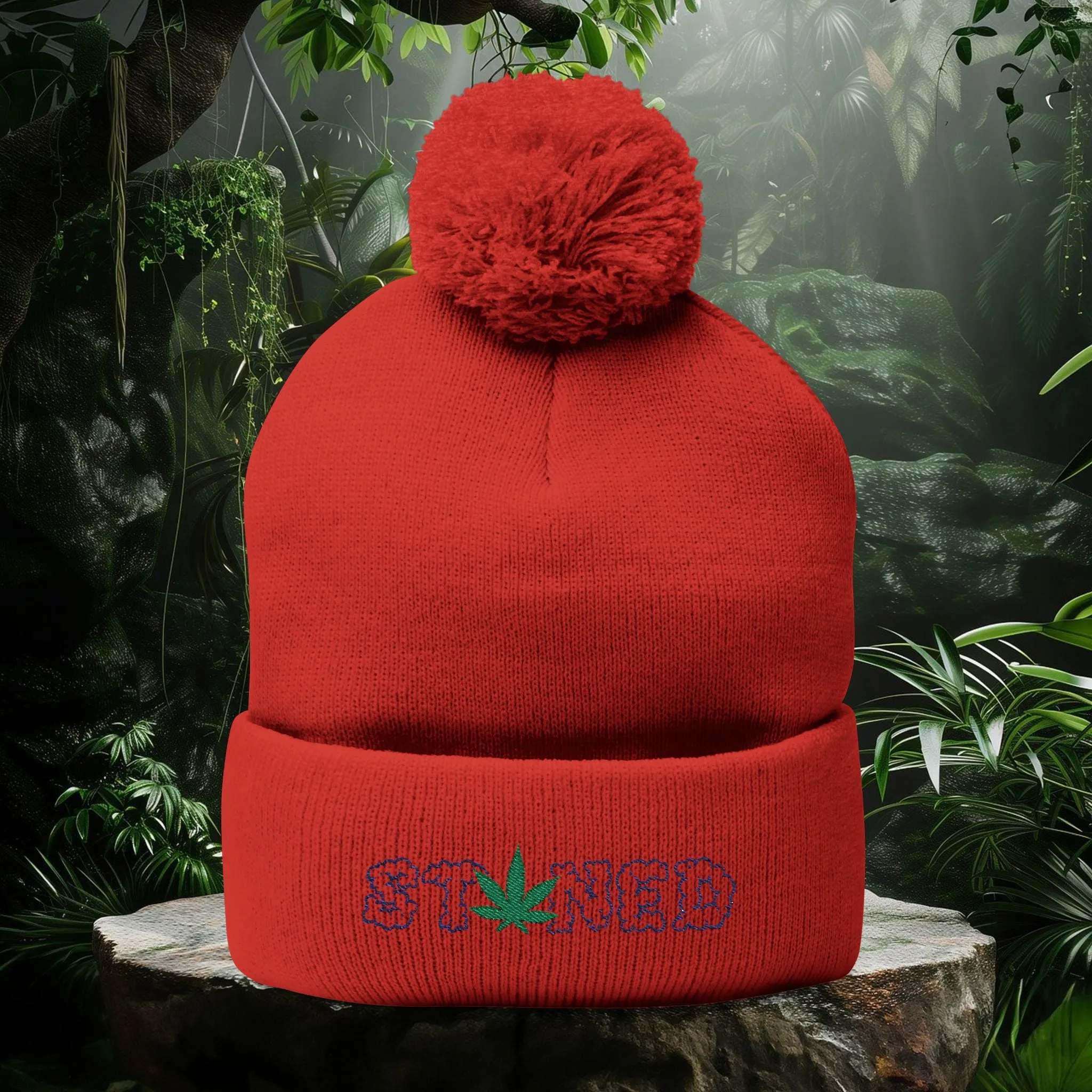 Stoned Pom-Pom Knit Cap - Beanie for Cannabis Enthusiasts