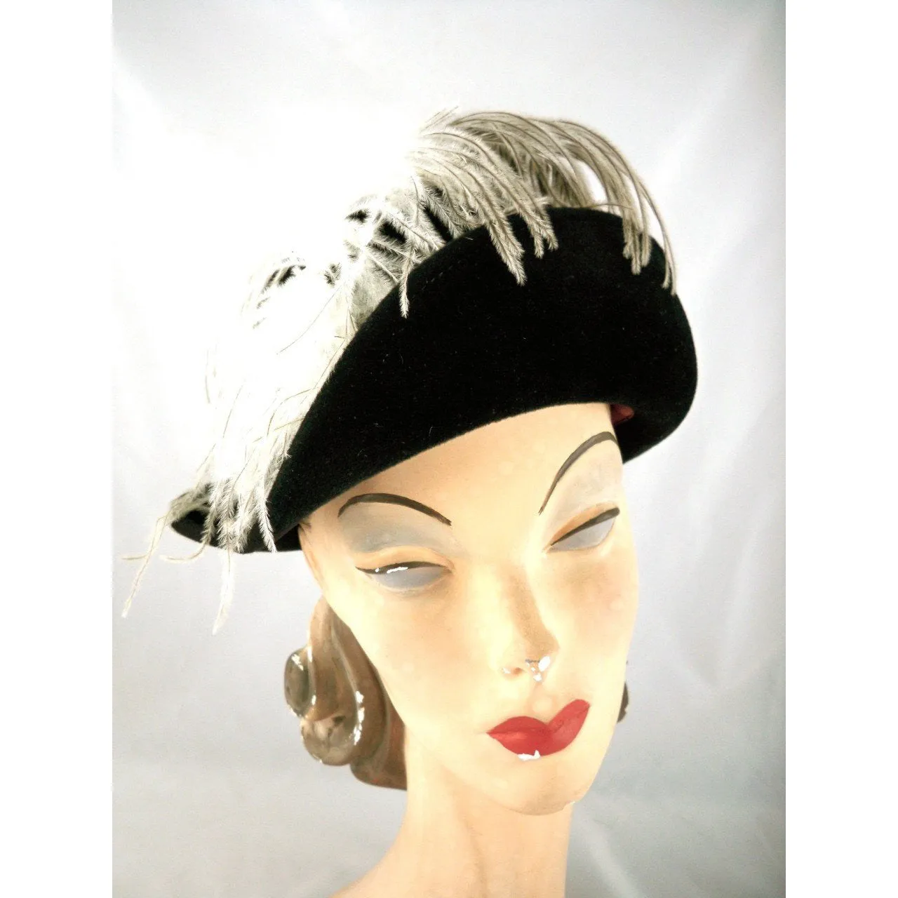 Stunning Vintage Ladies Black Hat w WHite Ostrich Feather Jack McConnell Boutique 1950s