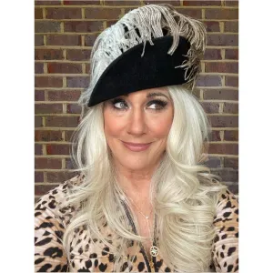 Stunning Vintage Ladies Black Hat w WHite Ostrich Feather Jack McConnell Boutique 1950s