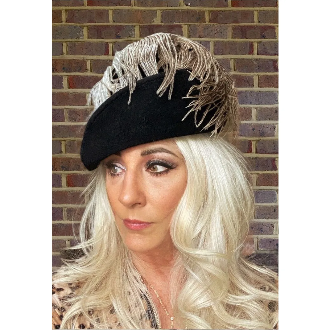 Stunning Vintage Ladies Black Hat w WHite Ostrich Feather Jack McConnell Boutique 1950s