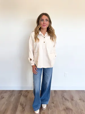 Suri Half Button Hooded Top in Ivory