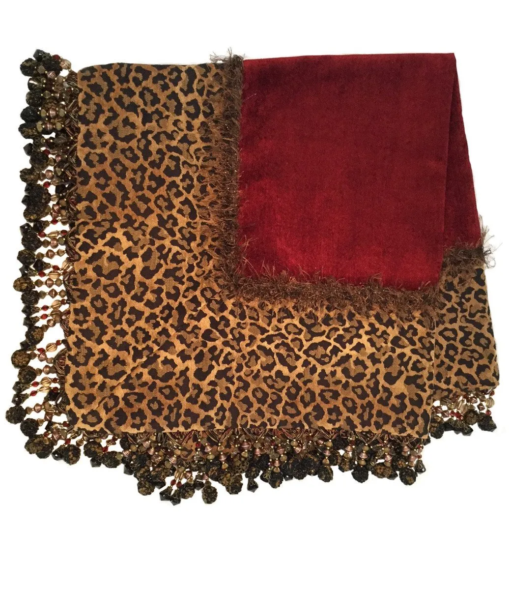 Table Square Red Chenille and Leopard Print  with Beads
