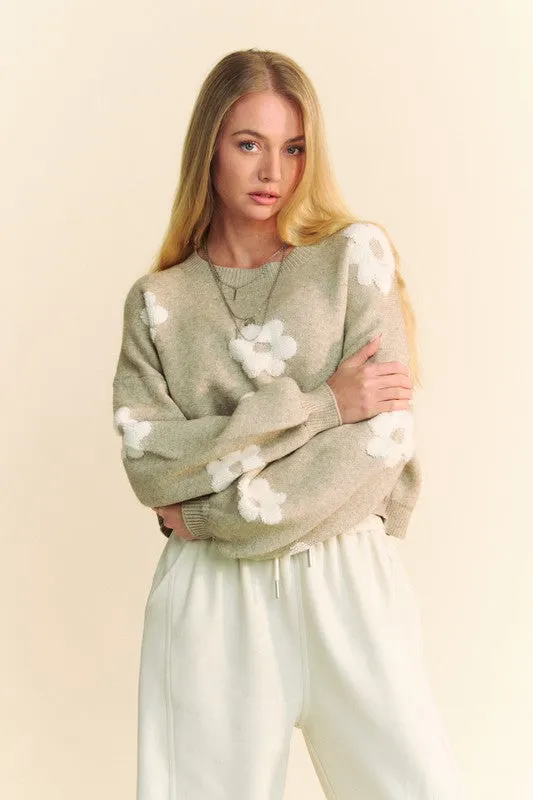 Tan Floral Drop Shoulder Cropped Sweater