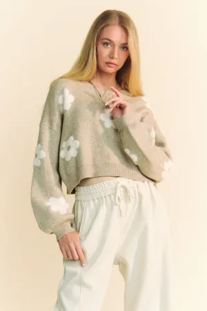 Tan Floral Drop Shoulder Cropped Sweater