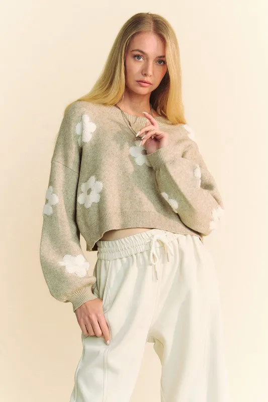 Tan Floral Drop Shoulder Cropped Sweater
