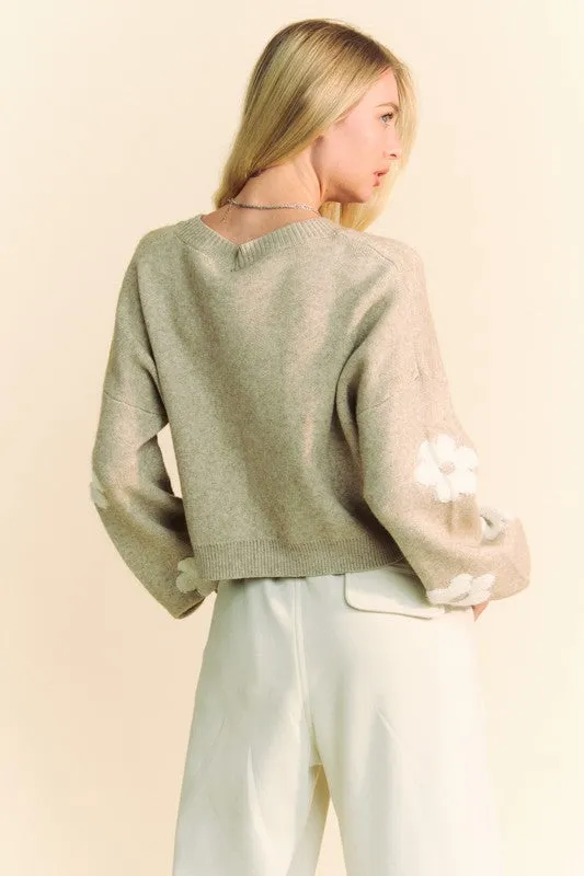 Tan Floral Drop Shoulder Cropped Sweater