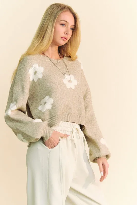 Tan Floral Drop Shoulder Cropped Sweater