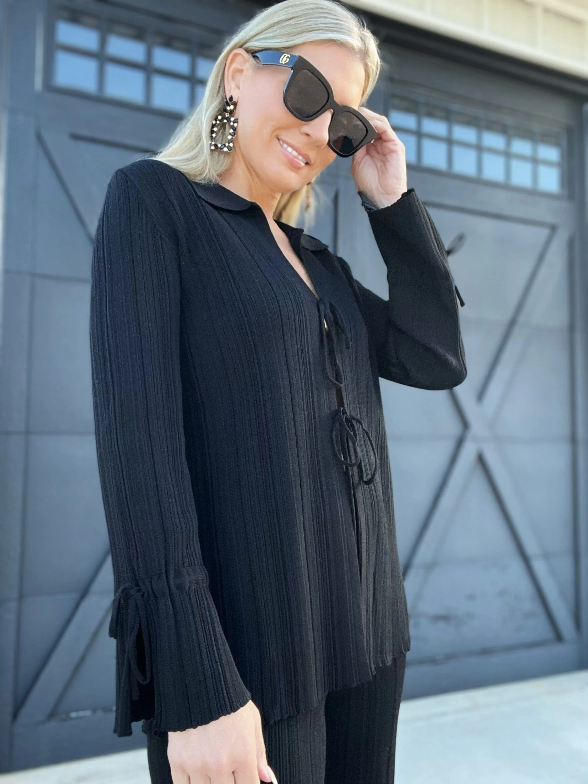 Textured Knit Front-Tie Top-Black