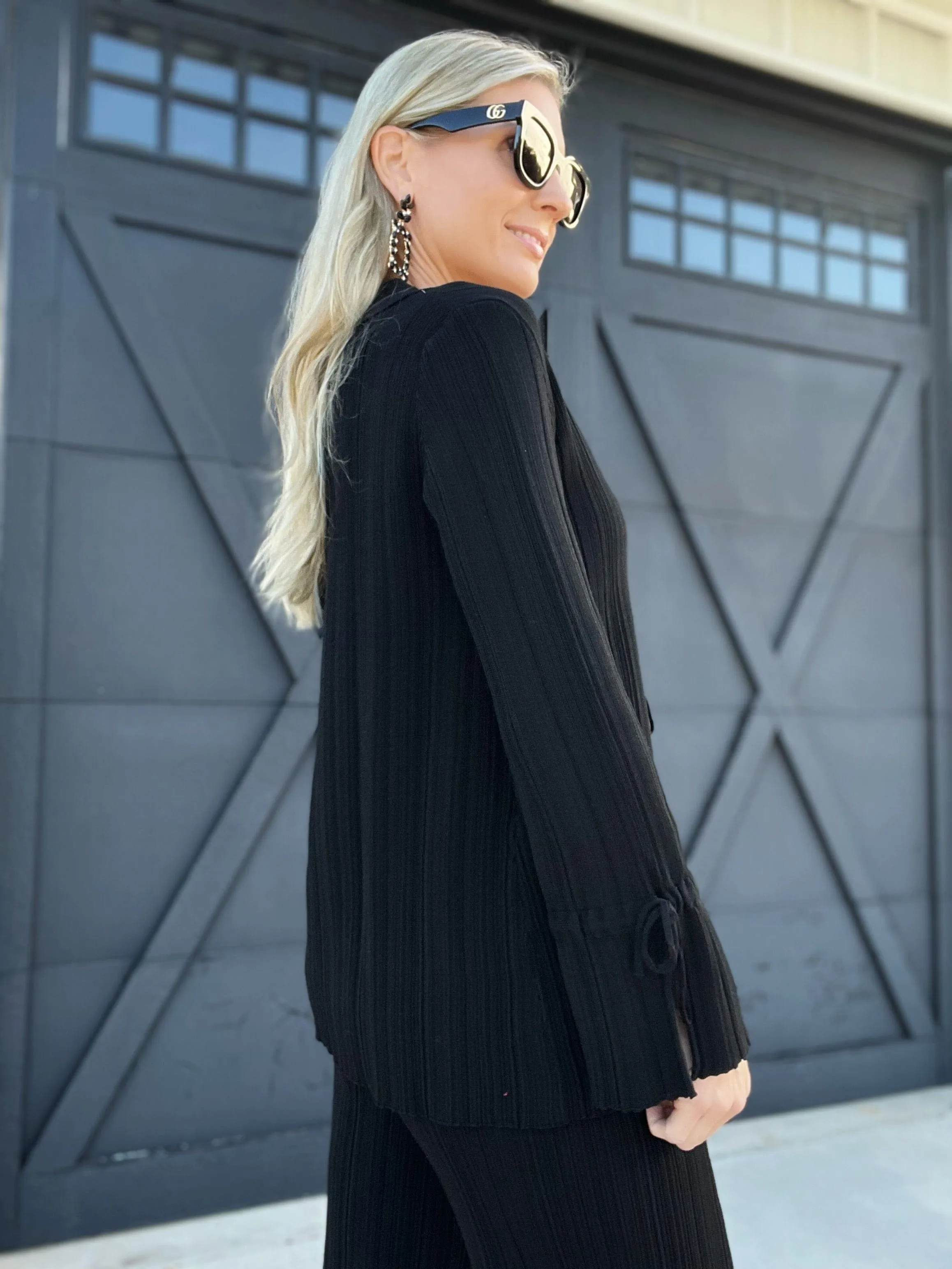 Textured Knit Front-Tie Top-Black