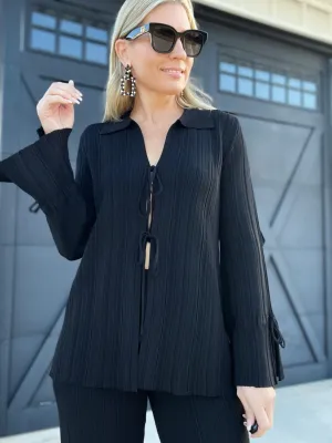 Textured Knit Front-Tie Top-Black